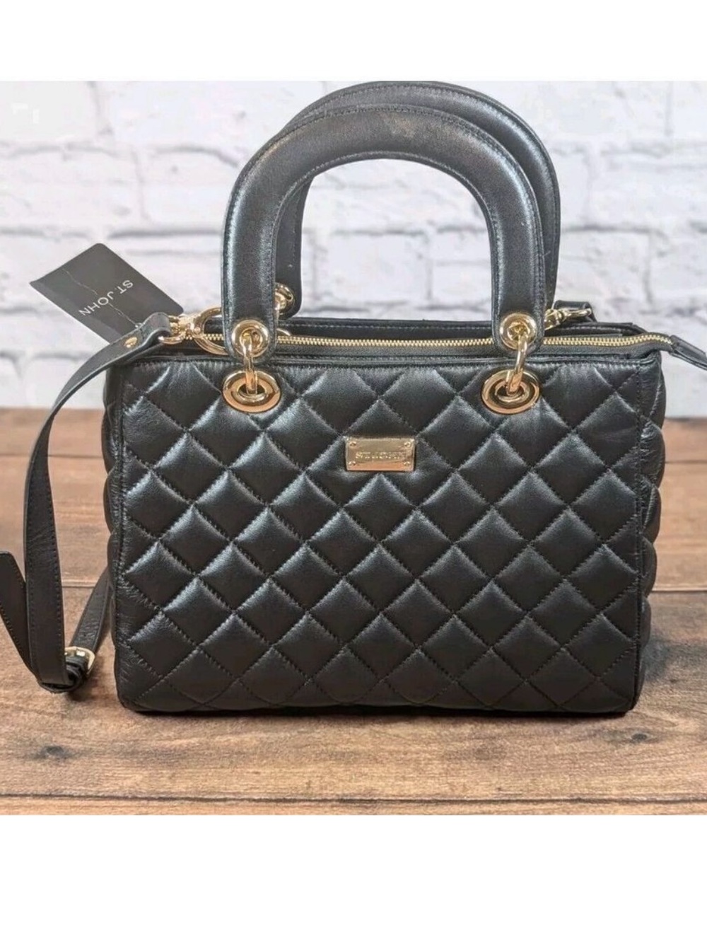 Black Quilted Leather Top Handle Bag by St. John